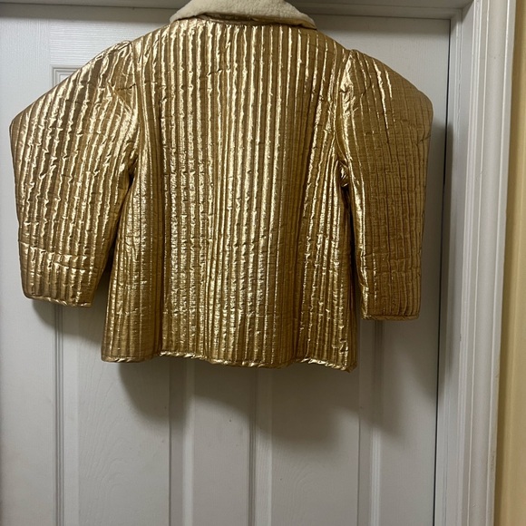 Gold Quilted Puffer Jacket with Faux Shearling Collar - Picture 3 of 8
